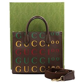 Gucci Petit sac cabas et sac à épaule en cuir marron avec lettrage logo