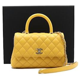 Borsa Tote Small Flap Top Handle in pelle Caviar gialla con catena dorata e tracolla - Chanel