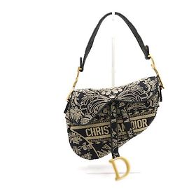 Dior Borsa a Sella Ricamata Effetto Corneli Ornamentale Nera e Beige