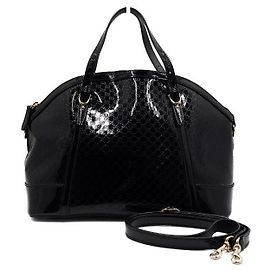 Gucci Borsa Tote e Borsa a Tracolla in Pelle Verniciata Nera Lucida