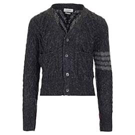 Mohair-Wollcardigan mit diagonalem Zopfmuster Dunkelgrau - Thom Browne