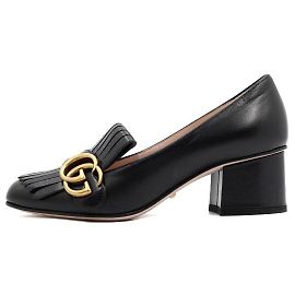 Gucci Zapatos de tacón medio con flecos de cuero negro para mujer