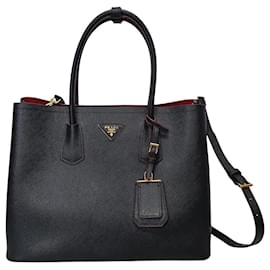 Prada Borsa a spalla double tote Medium in Saffiano nero e oro