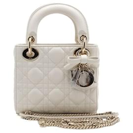 Mini Lady Dior Season Lambskin White Cannage Ribbon Charm Tote and Shoulder Bag