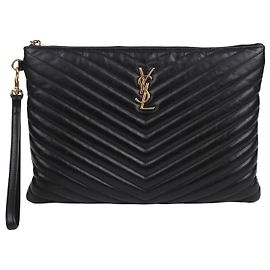 Saint Laurent Clutch Bag New Medium in chevron nero e metallo dorato