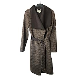 Abrigo marrón con cinturón de jacquard con logotipo y mezcla de lana Michael Kors talla L