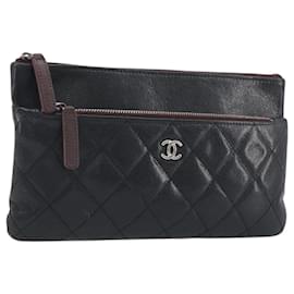 Borsa Clutch CHANEL Pelle Caviar Navy Silver CC Auth bs36769 - Chanel