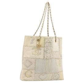 Borsa Tote CHANEL Patchwork Chain Tweed Ivory Gold CC Auth 195106SM