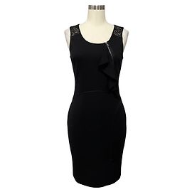 Valentino Garavani Valentino Black Ruffled Zipper Detail Sleeveless Wool Knit Dress with Lace Back
