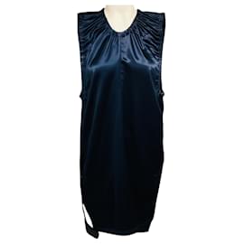 Celine Marineblaues ärmelloses Satin-Minikleid mit Raffung und Träger - Céline
