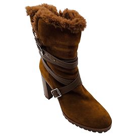 Stivali Gianvito Rossi Noah 85 in camoscio Cognac Brown con fodera in shearling Texas