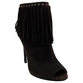 Stivaletti peep toe con frange in camoscio marrone scuro Prada