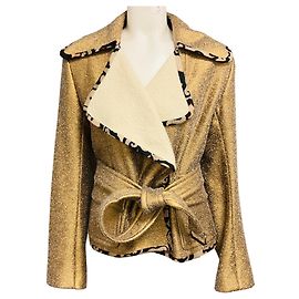 Giacca in jacquard testurizzato metallico oro Dries Van Noten con interno in lana ecru