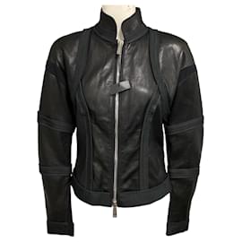 Chaqueta de cuero negra Dsquared2 con cremallera frontal y ribetes de tela