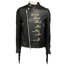 Chaqueta de cuero pintada a mano Sacai Black Luck con flecos