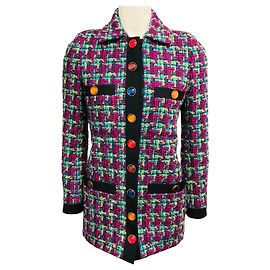 Saint Laurent Purple / Magenta / Green Multi Houndstooth Patterned Wool and Mohair Tweed Jacket with Stone Buttons