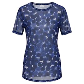 Top de tul mesh transparente de manga corta con estampado de círculos azules Dries Van Noten