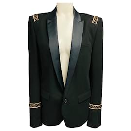 Chaqueta blazer estilo tuxedo de algodón Balmain negra con cadena dorada