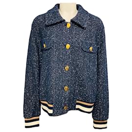 Autre Marque Giacca Bomber in Tweed Blu St. John con Bottoni Dorati
