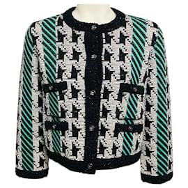 Chanel Grün / Weiß / Schwarz Paris-Manchester 2024 Metiers d’Art Hahnentritt-Strickjacke aus Wolle und Kaschmir mit CC-Logo-Knöpfen
