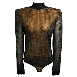 Body de tul mesh monograma Balmain Black / Nude con hombreras