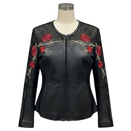 Anne Fontaine Cristina Jacke aus Lammleder mit Reißverschluss und roten Rosenstickereien / Schwarz
