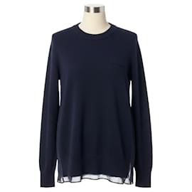 Sacai dunkelblauer Wollstrick-Pullover mit transparentem Chiffon-Rücken