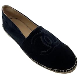 Chanel Navy Blue / Black CC Logo Bestickte Samt-Espadrilles