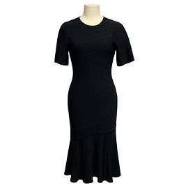 Herve Leger Abito The Isabel Midi in maglia bandage nera a maniche corte e orlo a volant