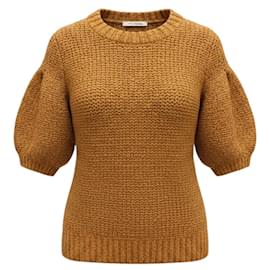 Ulla Johnson Grobstrick-Pullover mit kurzen Ärmeln aus Baumwolle und Lurex, Tan / Gold Metallic