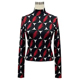 Proenza Schouler Langarm-Pullover aus Seidenstrick mit mehrfarbigem Blitzmuster Schwarz / Weiß / Rot