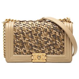 Borsa a tracolla Chanel Boy Flap Old Medium in nappa metallizzata intrecciata beige