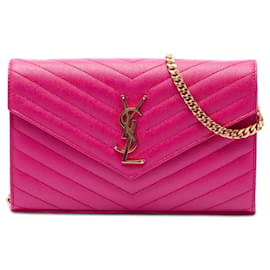 Borsa a tracolla portafoglio a busta con catena Saint Laurent Grain De Poudre Chevron Monogram Rosa