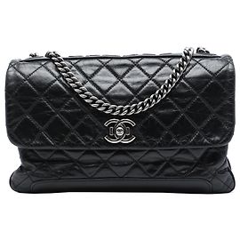 Chanel Black Quilted Aged Calfskin Logo Accordion Flap