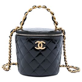 Borsa Vanity Chanel Afternoon Tea con manico superiore in pelle verniciata matelassé nera con catena