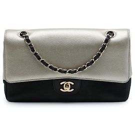 Chanel Silver Medium Classic Bicolor Caviar and Iridescent Calfskin Double Flap