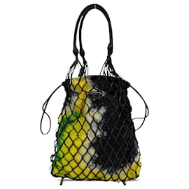 Borsa bucket Prada in pelle mesh nera e tessuto stampato tie-dye