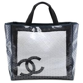 Borsa Tote Chanel White CC Quilted in cotone e PVC traforato