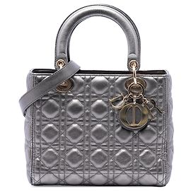 Dior Silver Medium Metallic Lambskin Cannage Lady Dior