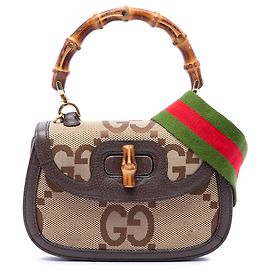 Borsa a mano Gucci Beige Small Jumbo GG Canvas Web Bamboo 1947 con manico superiore