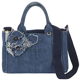 Prada Canapa Denim 2-Way Schultertasche mit Blumenmotiv