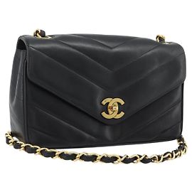 Borsa a tracolla con catena CHANEL V stitch in pelle d'agnello nera e oro CC Auth 195911V