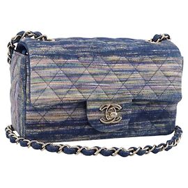 Sac à épaule CHANEL Matelasse 20 Chain en denim bleu marine avec CC doré Auth 197103SM