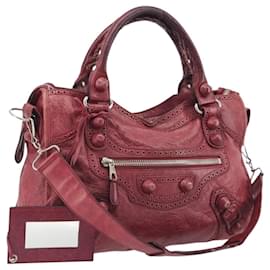 BALENCIAGA The Giant City Hand Bag Leather 2way Red Silver 204529 Auth 194336V - Balenciaga
