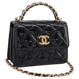 Borsa a mano CHANEL Matelasse in pelle verniciata 2way Nera Oro CC Auth 196372SAM