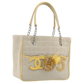 Borsa Tote CHANEL Choco Bar Cambon con catena in tela beige e CC argento Auth 195070A