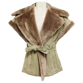 Autre Marque Gilet Fleurette in camoscio e shearling Taupe con cintura