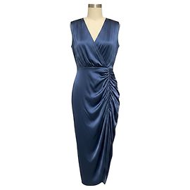 Veronica Beard Steel Blue Casela Ärmelloses Seiden-Midikleid mit V-Ausschnitt und Raffungen