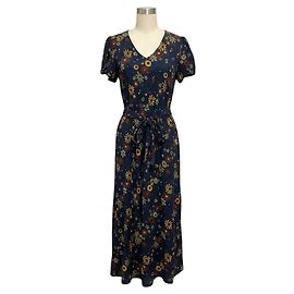 Abito maxi in crepe a maniche corte con stampa floreale multicolore blu navy Marni con cintura