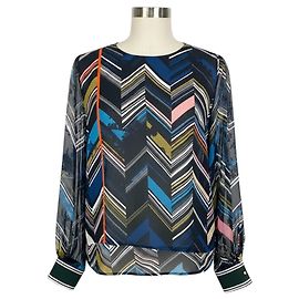 Blusa de seda con estampado chevron negro / azul multi de Preen by Thornton Bregazzi